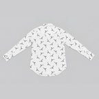 A white long-sleeve button-up shirt with an all-over Thrivin' Here Co. icon print, laid flat against a solid gray background.